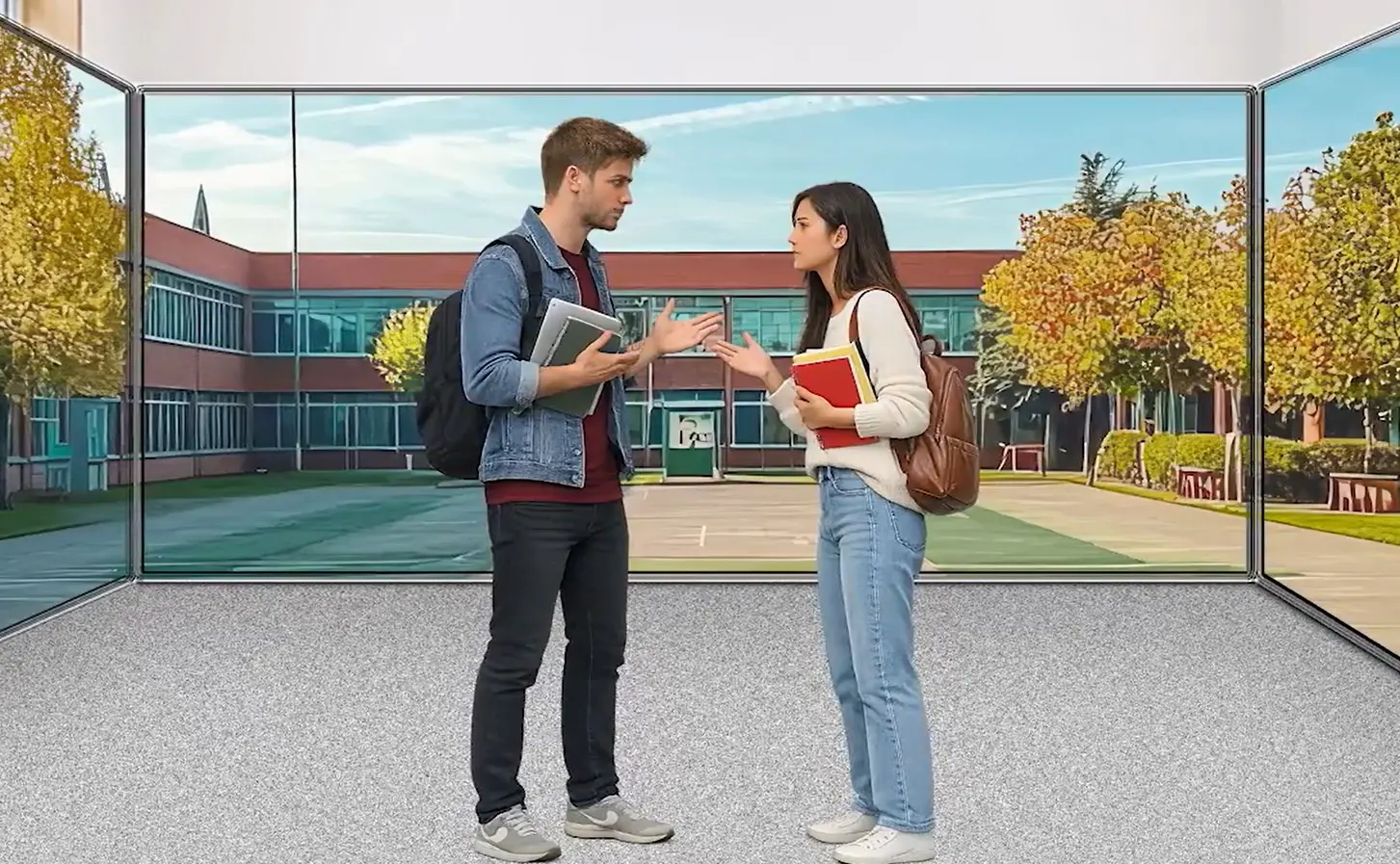 Två lärarstudenter samtalar på en projicerad skolgård.